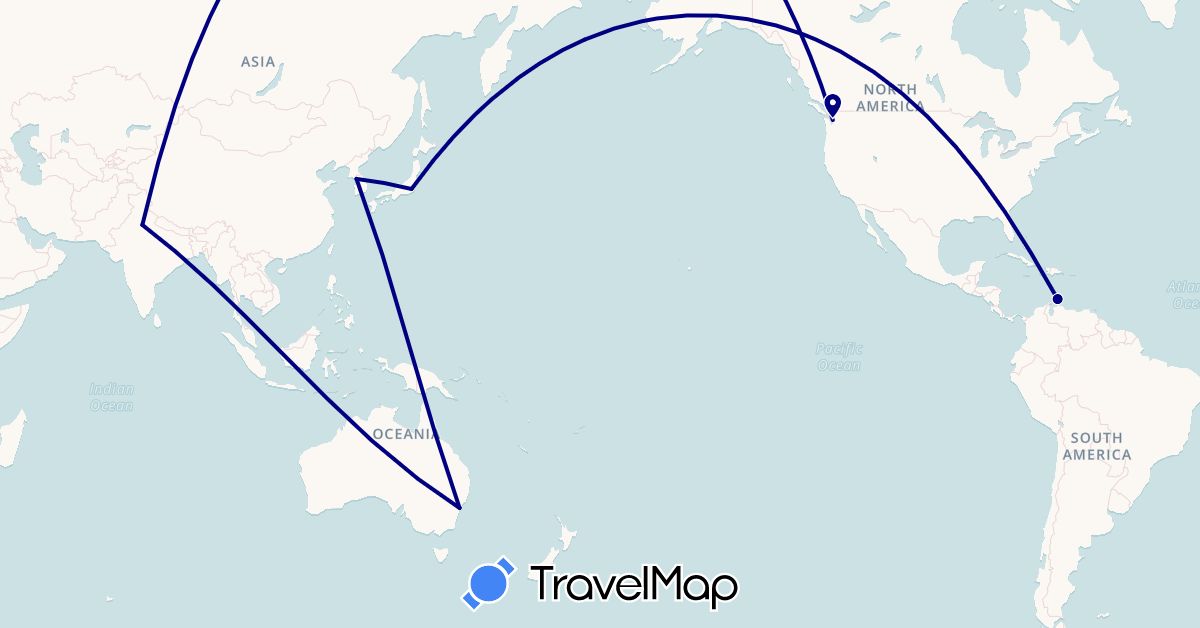 TravelMap itinerary: driving in Australia, Aruba, India, Japan, South Korea, United States (Asia, North America, Oceania)